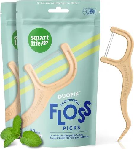 Vista 13 de SmartLifeco Púas de hilo dental ecológico de doble hilo (100 unidades) - Hilo dental hecho con mezcla de trigo y paja, blanqueamiento dental