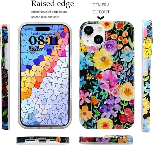 Vista 4 de J.west Funda compatible con iPhone 14 para mujer, bonito diseño floral femenino, patrón kawaii de flores silvestres en acuarela para niñas