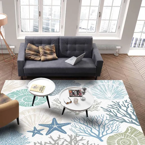 Vista 5 de Alfombra rectangular rectangular náutica azul para sala de estar, 4 x 6 pies, alfombra antideslizante de verano con diseño de conchas de mar y Coral