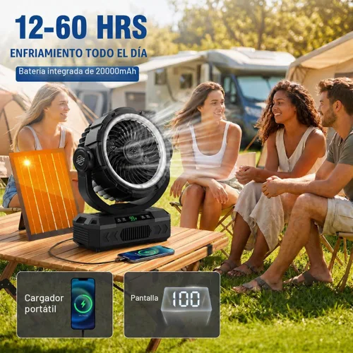 Vista 5 de Ventilador de campamento recargable con energía solar y oscilación automática, 【Funcionamiento de 60 horas】: ventilador portátil al aire libre, 5