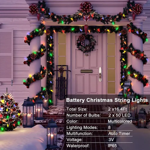 Vista 2 de DBFAIRY Paquete de 2 Luces de Cadena C6 que Funcionan con Pilas, Multicolor 16.4 pies 50 Luces LED de Guirnalda con Temporizador 8 Modos de Luz IP65