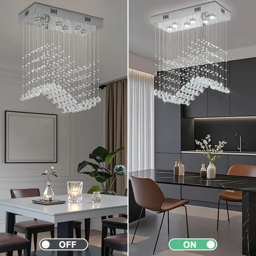 Vista 9 de Araña moderna de onda, araña rectangular de cristal con gotas de lluvia, montaje empotrado, lámpara colgante de techo cromada, ideal para comedor