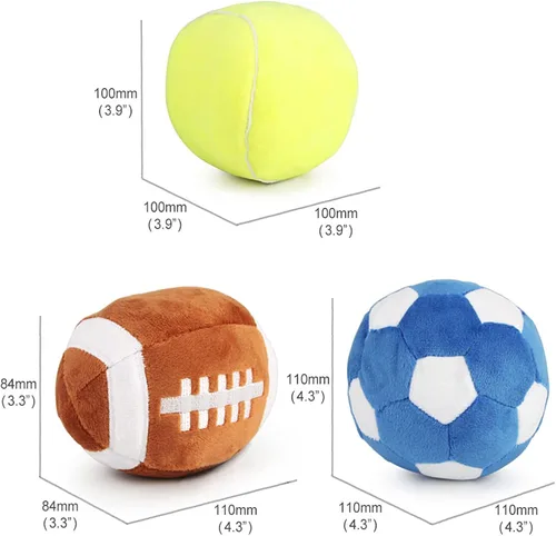 Vista 3 de Pelotas interactivas para perros, paquete de 2 pelotas de juguete chirriantes de felpa para perros, pelota de juguete para perros de fútbol y rugby