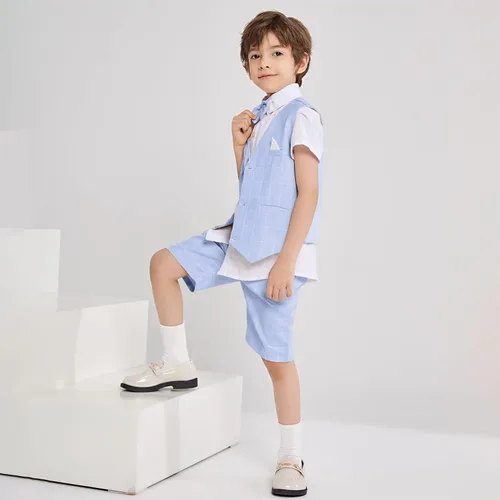 Vista 6 de Traje de verano para niños, ropa de vestir para niños, traje de portador de anillo de boda, 4 piezas, camisa, chaleco y pantalones cortos