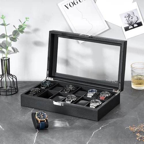 Vista 2 de BEWISHOME Caja de reloj, caja de reloj de 12 ranuras con tapa de vidrio grande, caja de reloj para hombre, organizador de caja de reloj, caja