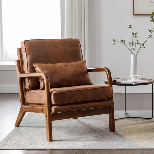 Vista 9 de Deolme Silla de Acento Moderna de Mediados de Siglo para Sala de Estar - Cómoda Silla con Brazo de Madera Maciza con Almohada Lumbar, Silla Lateral