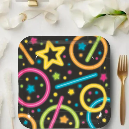 Vista 3 de Fun Express - Platos cuadrados de papel neón brillante para fiestas - Artículo de fiesta para niños y niñas de todas las edades - Diversión