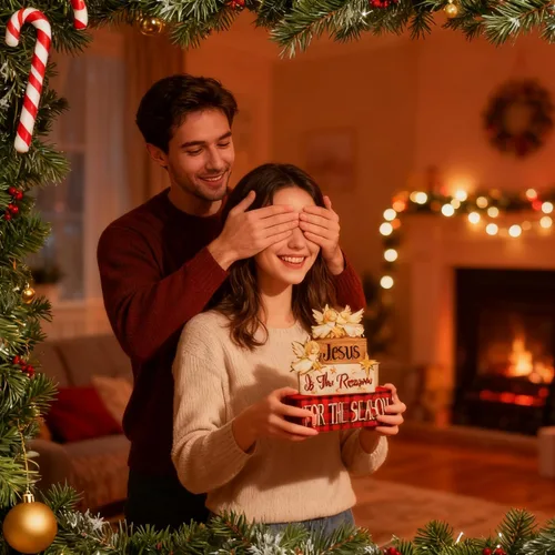 Vista 3 de 4 Piezas de Decoraciones de Navidad para Interior - Decoración de Mesa de Ángel de Madera para el Hogar - Centro de Mesa de Navidad para la Mesa