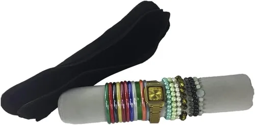 Vista 3 de Bolsa de viaje para reloj de pulsera, organizador de joyas, bolsa portátil de terciopelo negro y gris con inserto de rollo extraíble