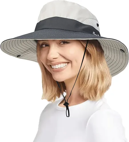 Vista 7 de Sombrero de pesca de playa de ala ancha para mujer, con protección UV, plegable, con agujero para cola de caballo