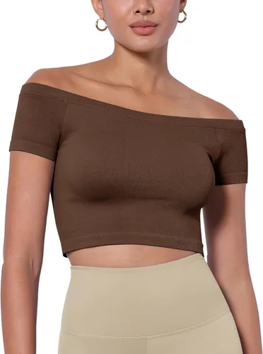 Vista 2 de ODODOS Paquete de 2 camisetas cortas con hombros descubiertos para mujer, manga corta, sin costuras, camisetas acanaladas