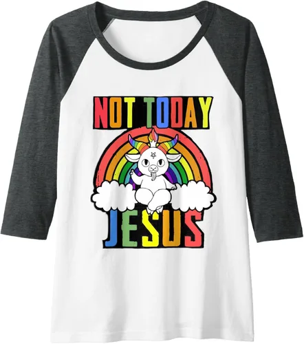 Vista 9 de Not Today Jesus - Camiseta de béisbol raglán con diseño de Baphomet LGBTQ, Negro, S