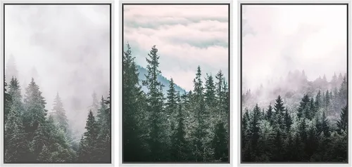 Vista 12 de SIGNWIN Lienzo enmarcado para pared, juego de decoración de guardería de bosques, niebla y niebla sobre bosque de montaña oscura, naturaleza, arte