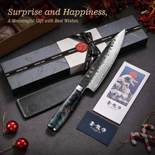 Vista 2 de Atumuryou - Cuchillo de chef japonés Damasco VG10 + cuchillo utilitario