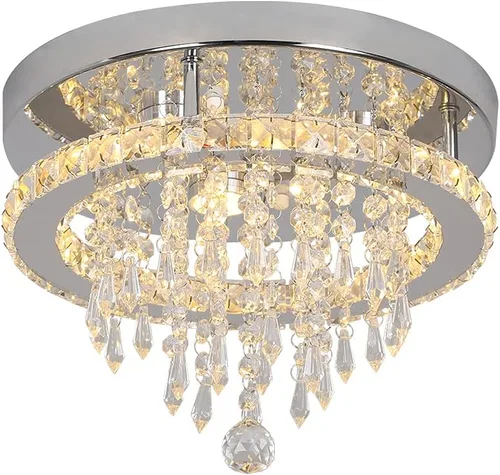 Vista 10 de Deckrico Candelabro de cristal moderno LED para techo, montaje empotrado, de acero inoxidable, pantalla de luz con cuentas para dormitorio, comedor