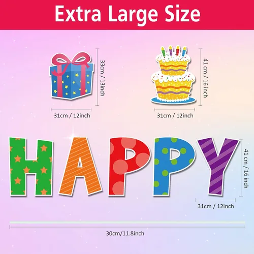 Vista 3 de Yulejo Letreros de feliz cumpleaños de 17 piezas, letras de 16 pulgadas, letreros de césped con estacas, impermeables, multicolor