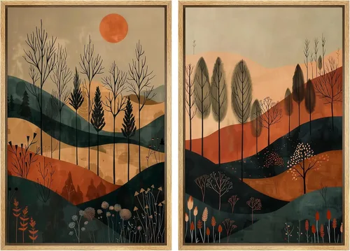 Vista 96 de SIGNFORD Lienzo enmarcado para pared, juego de arte geométrico retro de mediados de siglo, plantas forestales, ilustraciones con formas abstractas