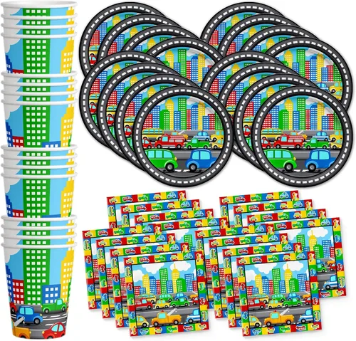 Vista 14 de Juego de suministros para fiesta de cumpleaños de motociclistas, platos, servilletas, vasos, vajilla para 16