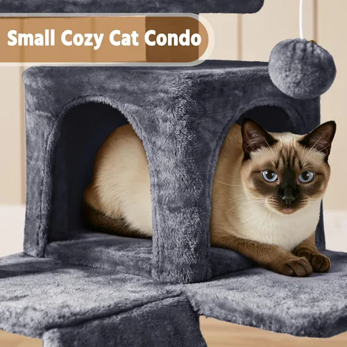Vista 7 de Yaheetech - Torre de árbol para gatos de 62 pulgadas, torre para gatitos de interior, muebles para mascotas con doble refugio, postes para rascar
