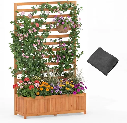 Vista 11 de Giantex Cama de jardín elevada de madera con enrejado, maceta para exteriores con base abierta para plantas trepadoras, profundidad de plantación