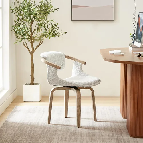 Vista 7 de Zouron Silla de escritorio giratoria sin ruedas, silla de oficina moderna de mediados de siglo, silla de comedor Boucle con patas de madera, silla