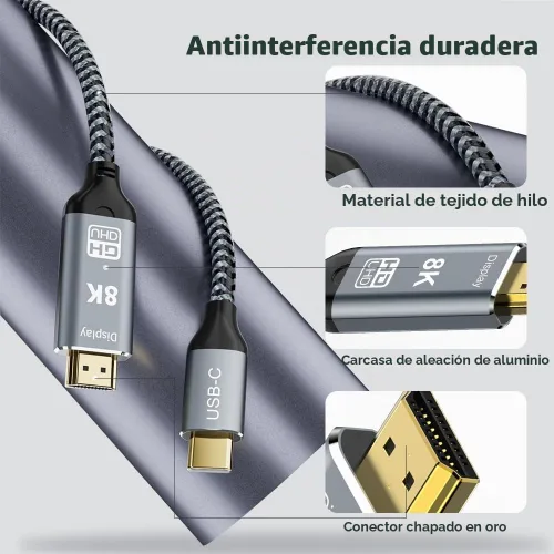 Vista 3 de Cable USB C a HDMI 2.1, 8K @60Hz 4K a 144Hz Thunderbolt 5/4 a HDMI, 10 pies