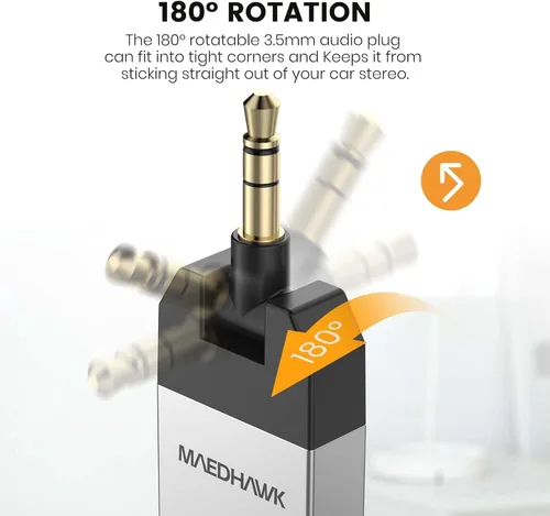 Vista 4 de Maedhawk Adaptador auxiliar Bluetooth 5.2 para auriculares estéreo de coche, receptor de audio inalámbrico con conector giratorio de 0.138 in