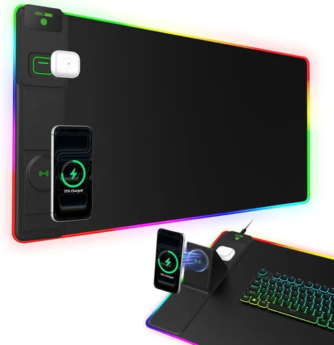 Vista 8 de Wireless Charging Mouse Pad with Foldable Phone Holder, 31.5"x15.8" XXL Excel Cheat Sheet Desk Mat for Laptop/Keyboard, Waterproof Ultra-Smooth