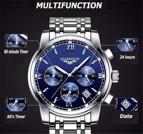 Vista 4 de Reloj de pulsera de cuarzo para hombre, analógico, acero inoxidable, cuero, cronógrafo, fecha, resistente al agua