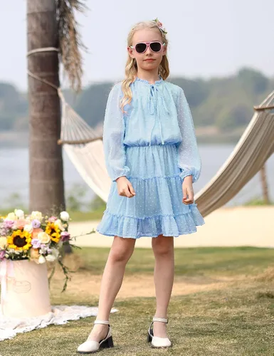 Vista 9 de DONWEN Vestido de punto suizo para niña, manga larga, vestido de gasa fluido, vestido de primavera y verano, con lazo frontal, vestidos casuales