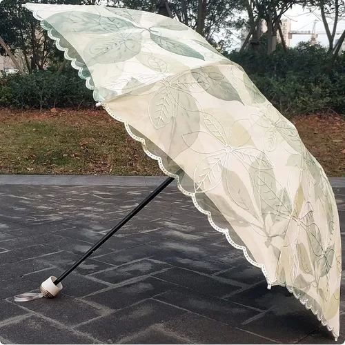 Vista 4 de URAWESO Parasol bordado encaje protección UV hoja impresa paraguas plegable para playa, viajes, boda, fiesta, decoración sesión de fotos