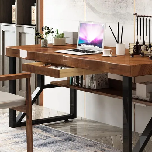 Vista 6 de Escritorio de madera maciza para computadora, escritorio de estudio resistente, estación de trabajo con patas de metal, fácil de montar