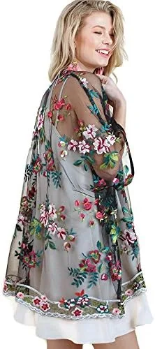 Vista 3 de Umgee Kimono de malla transparente bordado floral para mujer