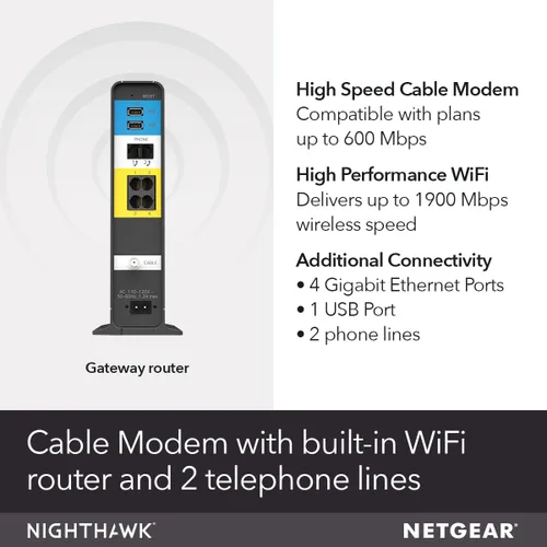 Vista 2 de Modem router con cable, de Netgear, Nighthawk AC1900 (24 x 8) DOCSIS 3.0, ideal para Xfinity Internet y Voice (C7100V), Negro