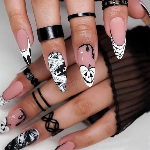 Vista 13 de Paquete de 6 144 uñas acrílicas de Halloween a presión, uñas postizas reutilizables de cobertura completa, uñas postizas adhesivas con pegamento