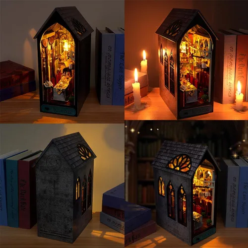 Vista 7 de Kit de casa en miniatura de bricolaje, kit de rincón de libro de estilo europeo, diseño de espejo ilusión, kit de casa de muñecas en miniatura