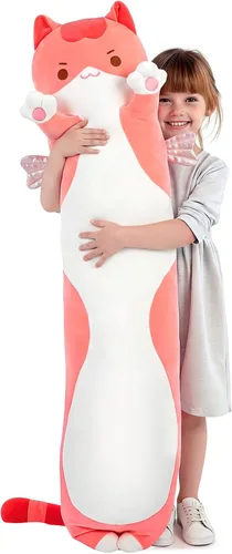 Vista 11 de Mewaii Peluche de gato largo, 5 tamaños, 120% relleno extra, almohada gigante para el cuerpo de los niños, lindo peluche Kawaii de ojos grandes