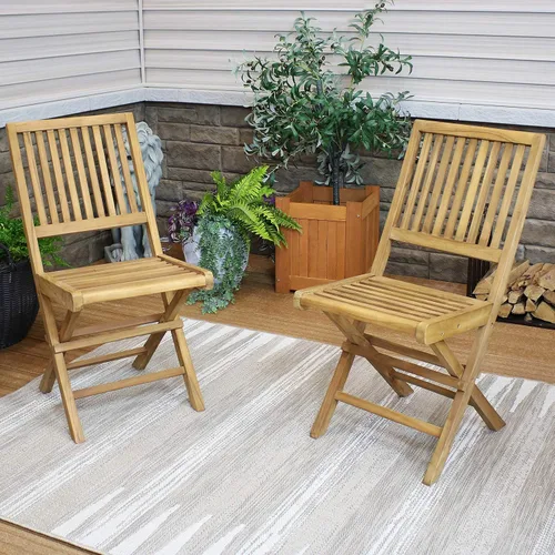 Vista 2 de Sunnydaze - Sillas plegables de madera de teca para exteriores, juego de 2 sillas plegables de patio para terraza o balcón, muebles de madera