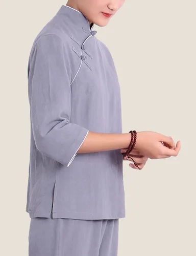 Vista 6 de Conjuntos de estilo chino tradicional para mujer, manga larga, con botones de rana, 2 piezas
