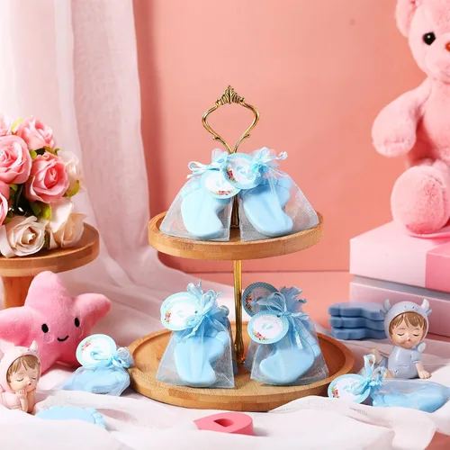 Vista 4 de 50 juegos de recuerdos de baby shower, pies de bebé hechos a mano, jabón perfumado, regalos para invitados, regalos con bolsas de organza
