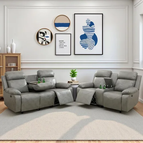 Vista 9 de Air Leather - Juego de sofá reclinable eléctrico con LED, juegos de muebles de sala de estar, juego de sofá reclinable eléctrico con puertos USB