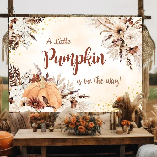 Vista 5 de MEHOFOND Telón de fondo de bebé bohemio de otoño, diseño de calabaza pequeña está en camino, fondo bohemio para fotografía de baby shower