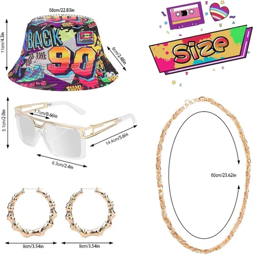 Vista 2 de Traje de los años 80 y 90 para mujer, disfraz unisex de hip hop, camiseta de béisbol, pantalones de yoga, sombrero de pescador, cadena dorada