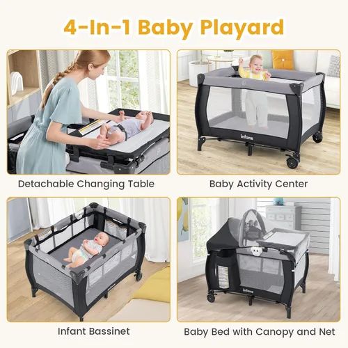 Vista 2 de INFANS 4 en 1 Pack and Play, corralito portátil de viaje para bebé con moisés, cambiador, toldo, mosquitera, juguetes colgantes, caja de música