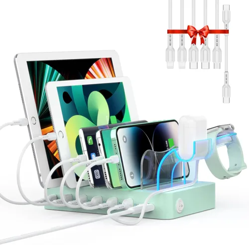 Vista 10 de SooPii - Estación de carga PD de 6 puertos para múltiples dispositivos, carga rápida USB C PD de 20 W para iPhone 14/13/12, incluye 6 cables cortos