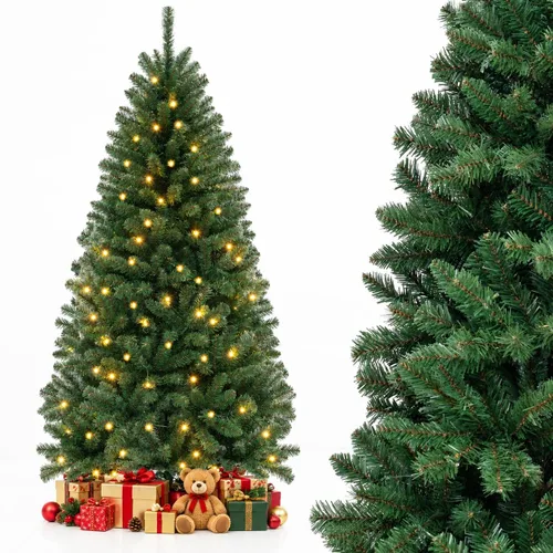 Vista 32 de COSTWAY Árbol de Navidad artificial de 6 pies, diseño preiluminado con Verde nevado