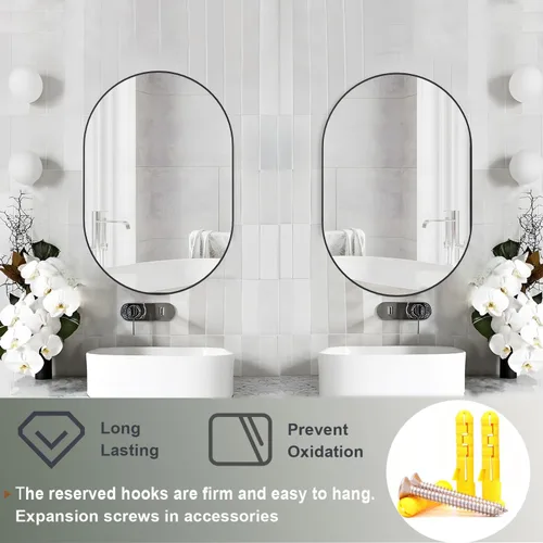 Vista 5 de Espejo ovalado de baño de 2 piezas, espejo de tocador de pared de cápsula, espejo de píldora de 20 x 30 pulgadas, espejo grande y moderno con marco