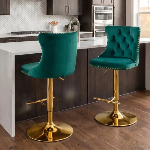 Vista 3 de SoarFlash Juego de 2 taburetes de bar de terciopelo giratorios ajustables con patas de metal chapado en oro, capitoné con botones, reposapiés