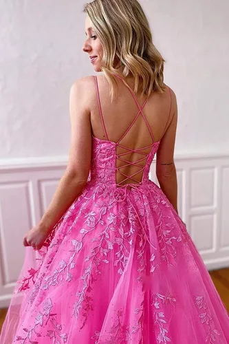 Vista 5 de Vestidos de tul con tirantes delgados, vestidos largos de encaje con apliques de baile para mujer