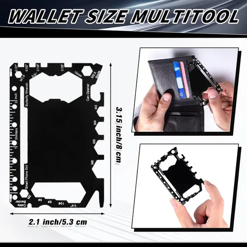 Vista 3 de Cholemy 1 cartera para tarjetas de crédito, multiherramienta 46 en 1, herramienta de bolsillo de supervivencia de metal de acero inoxidable